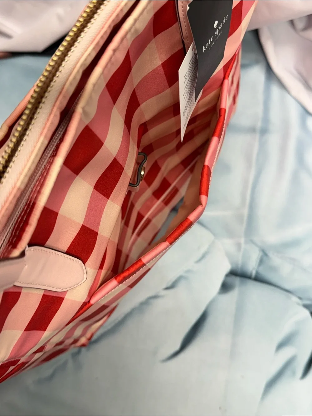 (new+tag) Kate Spade Large Gingham Tote Front Zip Pocket, Double Compartment